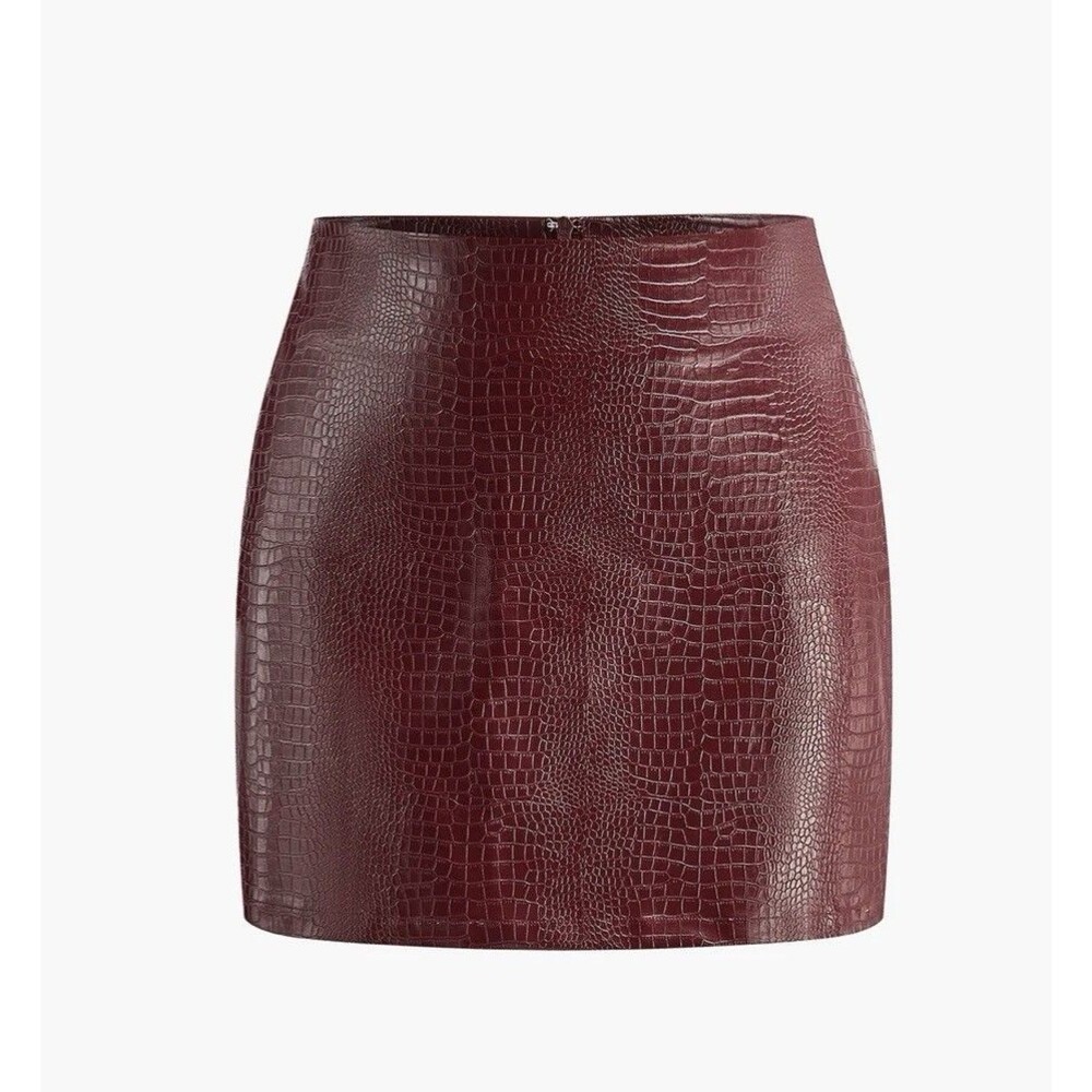 Commense PU Leather Burgundy Croc Snake Print Mini Skirt Women’s Size Small NWT